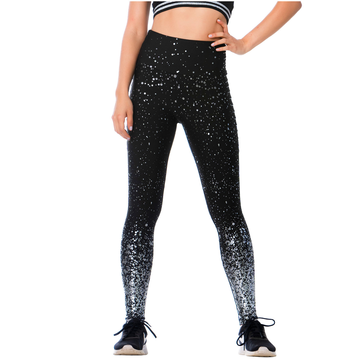 High-Waisted Shimmer Print Black Gym Leggings – Sculpting, Stretchy & Stylish