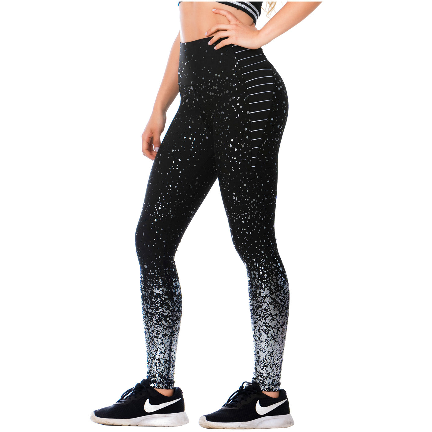High-Waisted Shimmer Print Black Gym Leggings – Sculpting, Stretchy & Stylish