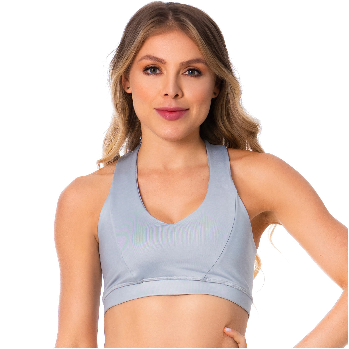 Criss-Cross Silver Sports Bra for Women – Stylish, Supportive & Sweat-Wicking