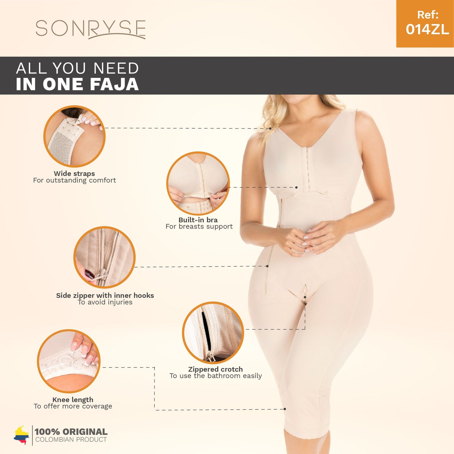 Colombian Shapewear Knee-Length with Built-in Bra & High Back – Post-Surgery & Postpartum Support
