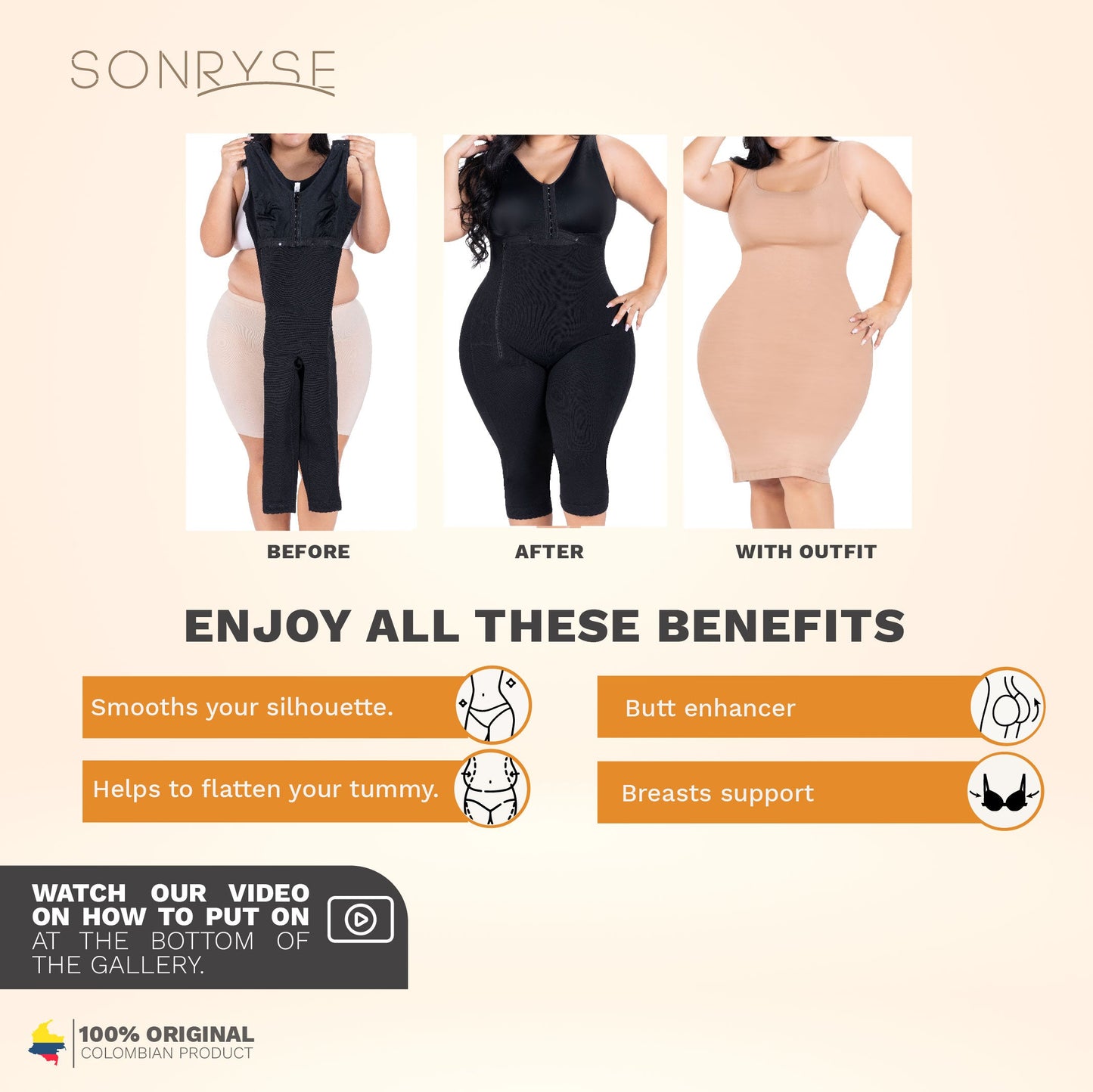 Colombian Shapewear Knee-Length with Built-in Bra & High Back – Post-Surgery & Postpartum Support