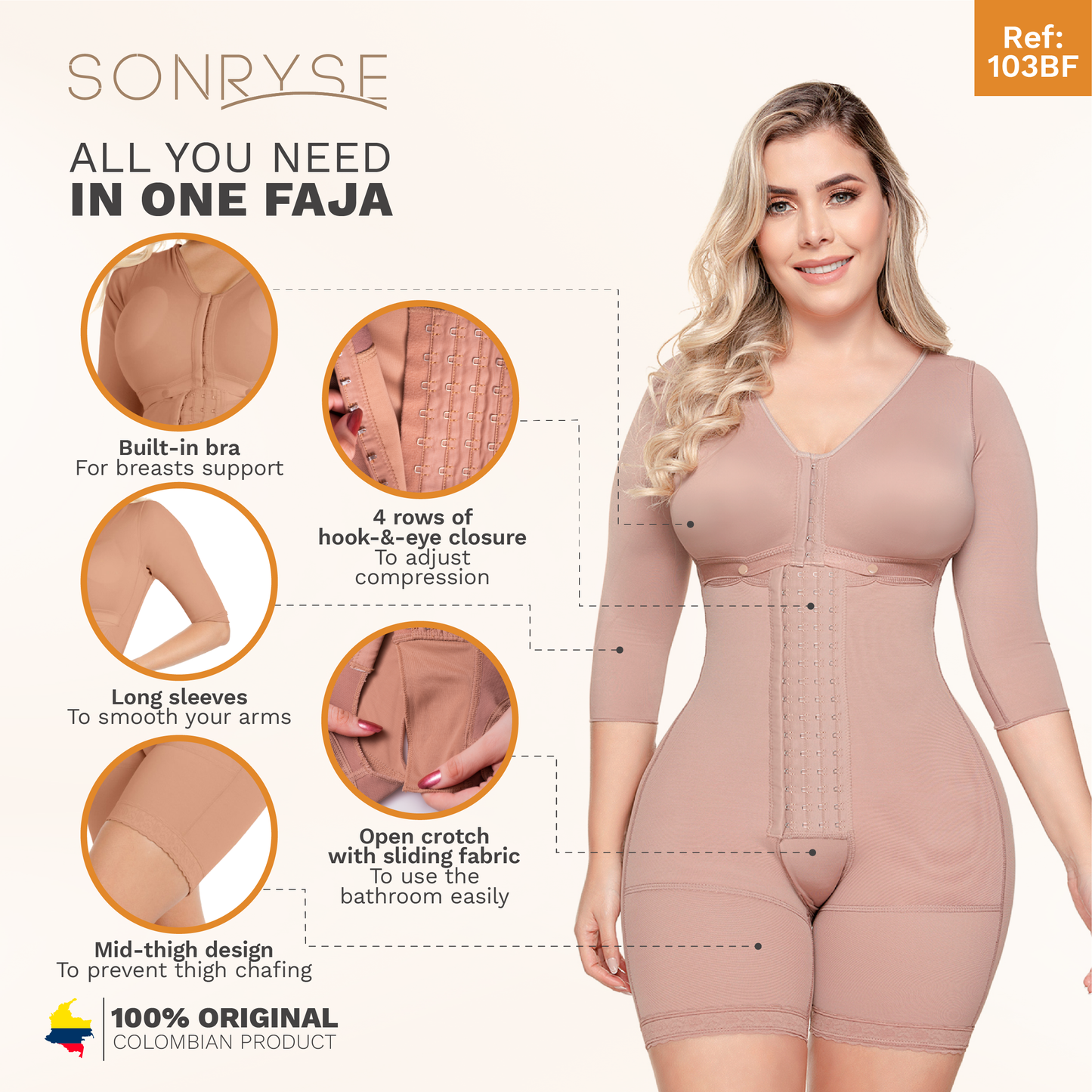 Shapewear After Surgery for Women with Built-In Bra | Mid Thigh Girdle with Sleeves | Powernet Compression Garment
