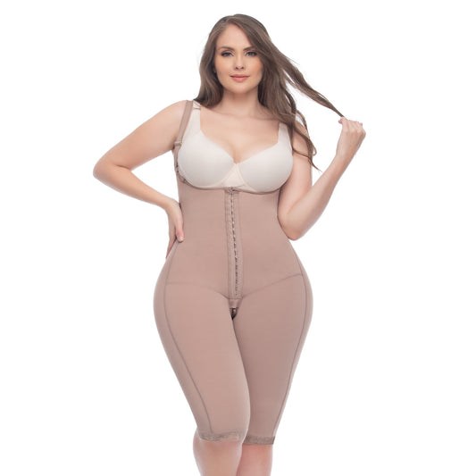 Open Bust Tummy Control & Butt Lifter Bodysuit – Knee-Length Powernet Shapewear